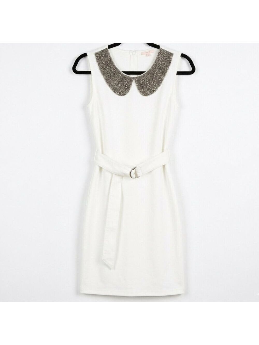 *White Beaded Peter Pan Collar Mini Dress Belted Sheath Sleeveless Small
